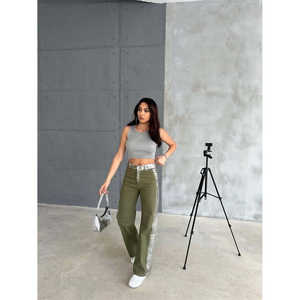 Pantalon palazzo en gabardine kaki pour femme, taille haute, respirant, style décontracté, pantalon hip-hop avec fermeture élastique à la taille - pour filles - Product Image 1