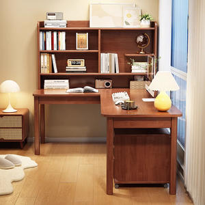 โต๊ะทำงานรูปตัว L แบบ 7 ทิศทางทันสมัย พร้อมชั้นวางหนังสือในตัว โต๊ะเขียนหนังสือไม้จริงสำหรับอพาร์ทเมนต์ขนาดเล็ก ใช้พื้นที่ได้อย่างเหมาะสม - Product Image 3