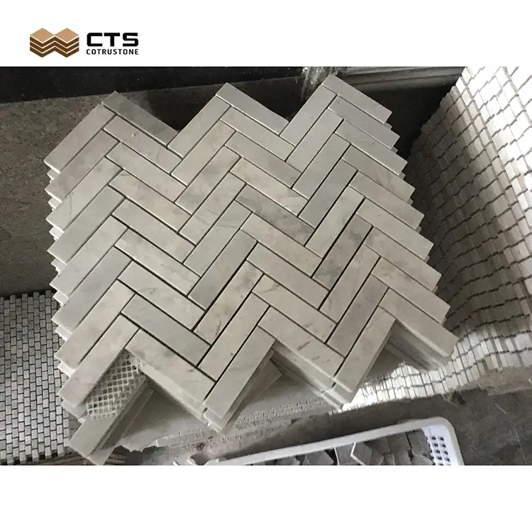 Carrara Trắng Hình Xương Cá Tường Đá Cẩm Thạch Gạch Lát Nhà Bếp Backsplash Tường Trang Trí