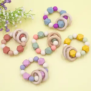 Hot selling Bpa-Free Round teething beads chewable toy Beech Newborn Ring infant Bracelet wooden silicone baby teethers for gift