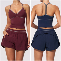 Ensemble de yoga TZ9615-6 pour femme : débardeur color-block à col halter et short de fitness à séchage rapide avec poches et volants couvrant les hanches