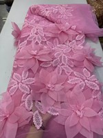 Tissu en dentelle de tulle français de luxe brodé de fleurs 3D, perles et sequins faits à la main pour robe de soirée KJY595