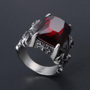 <b>Titanium</b> Steel Floral <b>Ring</b> With Red Rhinestone Bezel Setting Unisex Fashion Jewelry Gift SA647 - Product Image 2