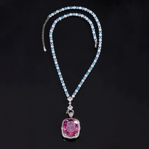High Quality Gold Dainty Eco-friendly Copper Necklace Rings 20*23mm Square <b>Pink</b> Blue Cubic Zirconia Wedding Jewelry Set Women - Product Image 3