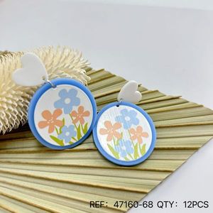 Orecchini pendenti dipinti con design floreale, forma rotonda, ciondolo a cuore bianco, gioielli alla moda, 12 pezzi - Product Image 3
