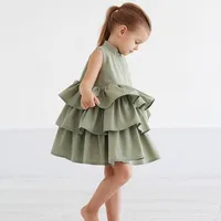 Yaz sevimli siyah yeşil balo kız elbise çocuk kız parti elbise kolsuz O boyun kek Ruffled Tutu kabarcık elbise