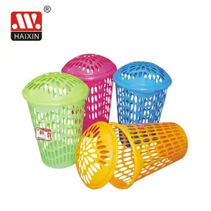 Cesta de plástico redonda para lavanderia, cesta colorida com tampas