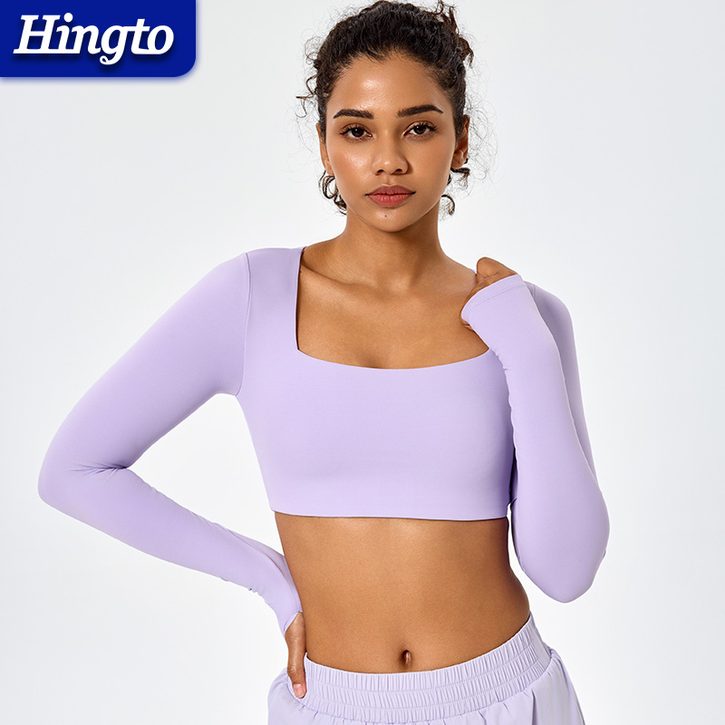 Compression Soft Spandex Customizable Logo Slim Fit Shirts for Women's Long Sleeve Square Neck Quick Dry Yoga Tops Cropped Shirt