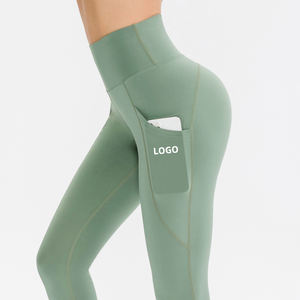 European and American New Double-Sided Nylon High Waist Women Workout Sport Fitness Yoga Pants <strong>Leggings</strong> With Pocket - Product Image 1