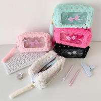 Trousse à crayons simple à imprimé nœud papillon, style couleur bonbon, en peluche, grande capacité, sac de rangement pour maquillage et articles de toilette, sac de rangement pour matériaux DIY