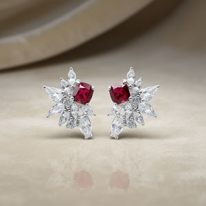 Orecchini a perno in oro bianco E1970 con rubino taglio marquise, design floreale, montatura a griffe, gioielli di lusso da donna - Product Image 2