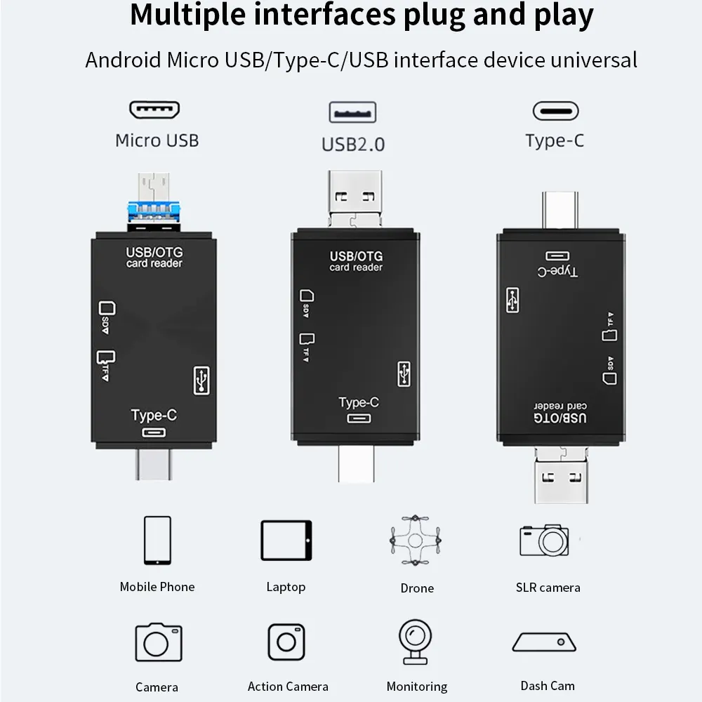 TISHRIC pembaca kartu memori adaptor, pembaca kartu SD 6 In 1 USB Tipe C ke SD mikro TF kartu memori