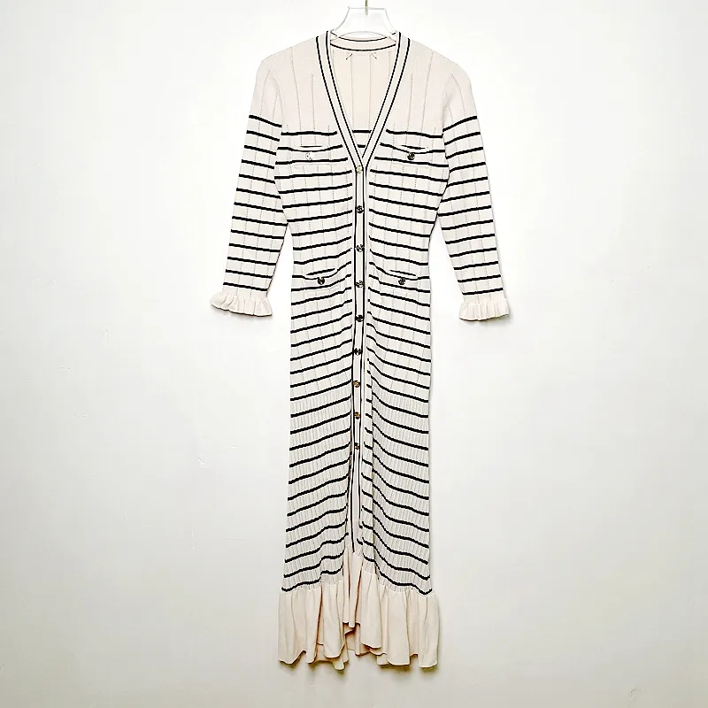 S+Spring/Summer New French Stripe Contrast Metal Single Breasted Pleated Knitted Dress Light Mature Lazy Style Long Dress