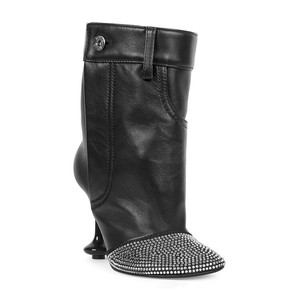 Strange Custom Heels Women's Button Short Boots Square Toe Diamonds Patchwork Ankle Booties Stage Designer Wide Top <b>Shoes</b> - Product Image 6