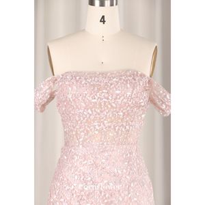 Robe de soirée moderne à paillettes roses pour femmes une épaule sans manches <span class=keywords><strong>Sexy</strong></span> transparent dos nu plissé mince robe en queue de poisson droite - Product Image 3