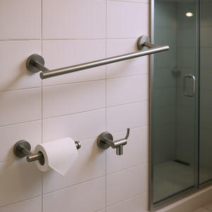 Juego de accesorios de baño de montaje en pared: toallero, portarrollos de papel higiénico, anillo para toalla, acero inoxidable cepillado, diseño moderno - Product Image 2