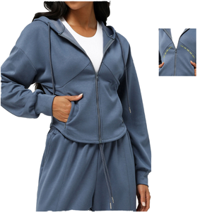 Sweat-shirt à capuche zippé pour femme, couleur unie, coton, fibre de bambou, respirant, longueur courte, manches longues, vêtements d'automne - Product Image 2