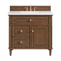 Meuble-lavabo de salle de bain en noyer de style mid-century personnalisé, en bois massif, style classique, avec plan de travail en quartz, lavabo en céramique simple de 36 pouces