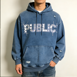 Sudadera con Capucha Unisex de Moda Otoñal para Hombre, Estilo Vintage, con Lavado Ácido, Cordón, Pedrería y Estampado Desgastado, Personalizada por Fábrica ODM - Product Image 3