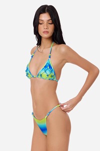 Costume da bagno bikini da donna <span class=keywords><strong>in</strong></span> tessuto riciclato personalizzato, con perline e lavorazione artigianale, modello halter con laccetti, due pezzi con effetto arricciato sui glutei e laccetti posteriori - Product Image 4