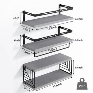 Ensemble de 3 étagères murales rustiques en <span class=keywords><strong>bois</strong></span> avec cadre métallique <span class=keywords><strong>et</strong></span> barre porte-serviettes pour salle de bain, <span class=keywords><strong>cuisine</strong></span>, chambre <span class=keywords><strong>et</strong></span> salon - Product Image 4