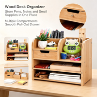 Organisateur de bureau en bambou durable, multi-niveaux, avec compartiments de rangement pour documents et papeterie, idéal pour le comptoir professionnel ou l'étude