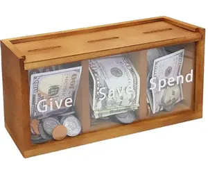 custom Wooden Compartment Piggy Bank Spend Save Give Box for Kids, Money Coin Savings Piggy Bank Jar Child