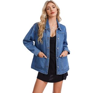 Veste en jean surdimensionnée personnalisée pour femme, coupe ample en H, col rabattu, coupe-vent en coton - Product Image 2