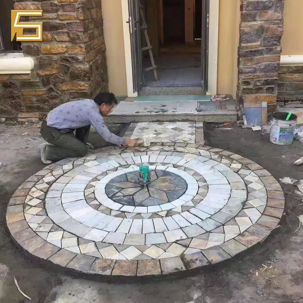 Mosaico de piedras naturales con patrones de Sol para exteriores, decoración de suelo para jardín y patio