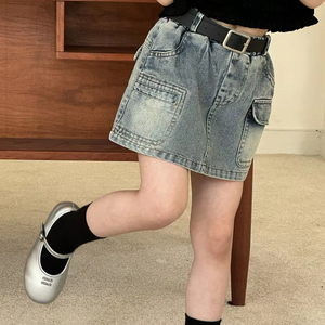 Girls Summer Korean Style Denim Short <b>Skirt</b> Children's Korean Style Retro <b>Skirt</b> With Belt - Product Image 1