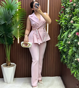 26 MEW <span class=keywords><strong>Blazer</strong></span> formel rose sans manches en satin pour femme avec col à revers boutonné et pantalon long 	   Ensembles pour femmes - Product Image 1