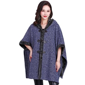 Stylish Hooded Knitted Cloak with Faux Fur Trim Open Front 3 Buttons Cape Casual Batwing Shawl for Dating Friends Gathering - Product Image 1
