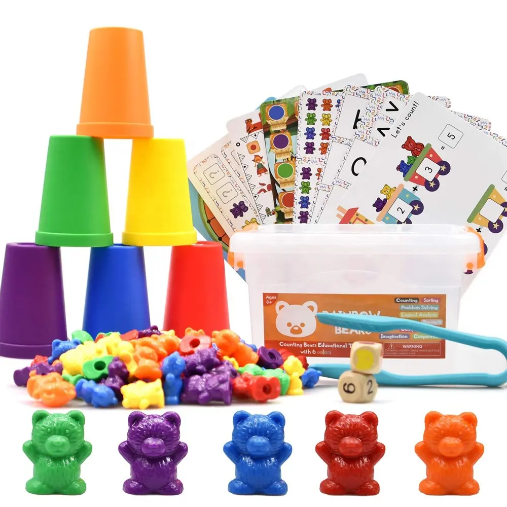 Yeni hotsale montessori eğitim eşleştirme oyunu oyuncak gökkuşağı renk sayma ayılar eşleşen sıralama bardak