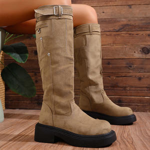 Botas de plataforma altas hasta la rodilla para mujer, con punta redonda y hebilla, estilo motero occidental, calzado informal y moderno, novedad 2026 - Product Image 1