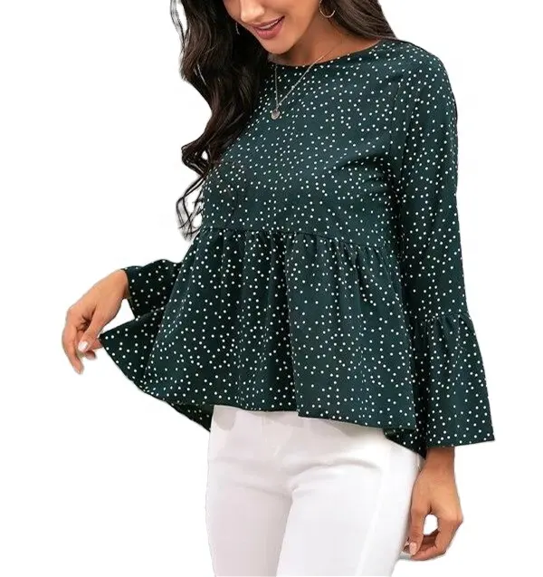 Benutzer definierte Damen bekleidung Tops Shirts Bluse Lange Volant Ärmel High-Low Empire Taille Schößchen Top Damen Blusen