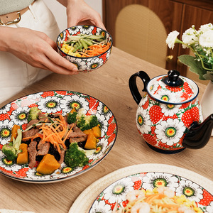 Foreign Trade Cross-border Creative Polish Color Plant Bone China Handmade Vintage <b>Camping</b> Tableware Rice Bowl Salad Bowl Plate - Product Image 3