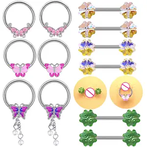 NUORO New Surgical Steel Flower Barbell Nipple Rings Body Piercing For Women Man Butterfly Crystal Hoop Click Nipple Ring