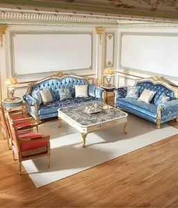 ห้องนั่งเล่นสไตล์ยุโรปไม้เนื้อแข็งแกะสลักผ้าฝรั่งเศสโซฟาโค้ง123การออกแบบโซฟากำมะหยี่สีน้ำเงิน