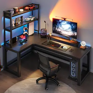 YOUTAI meja gaming bentuk L terbaru 2024 dengan rak serat karbon MDF meja berdiri komputer untuk rumah