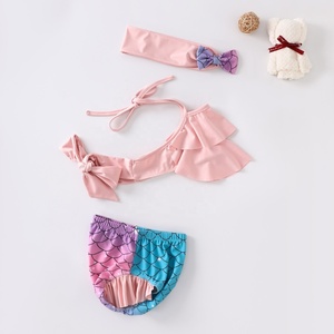 Pink Mermaid Swim Set With Bow <b>Top</b> And Fish Scale Bottoms For Kids Outdoor Wear - Product Image 2
