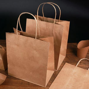 KM Custom logo Printed Disposable Kraft Food Take Away Paper Carrier Bags with Handles - Product Image 2