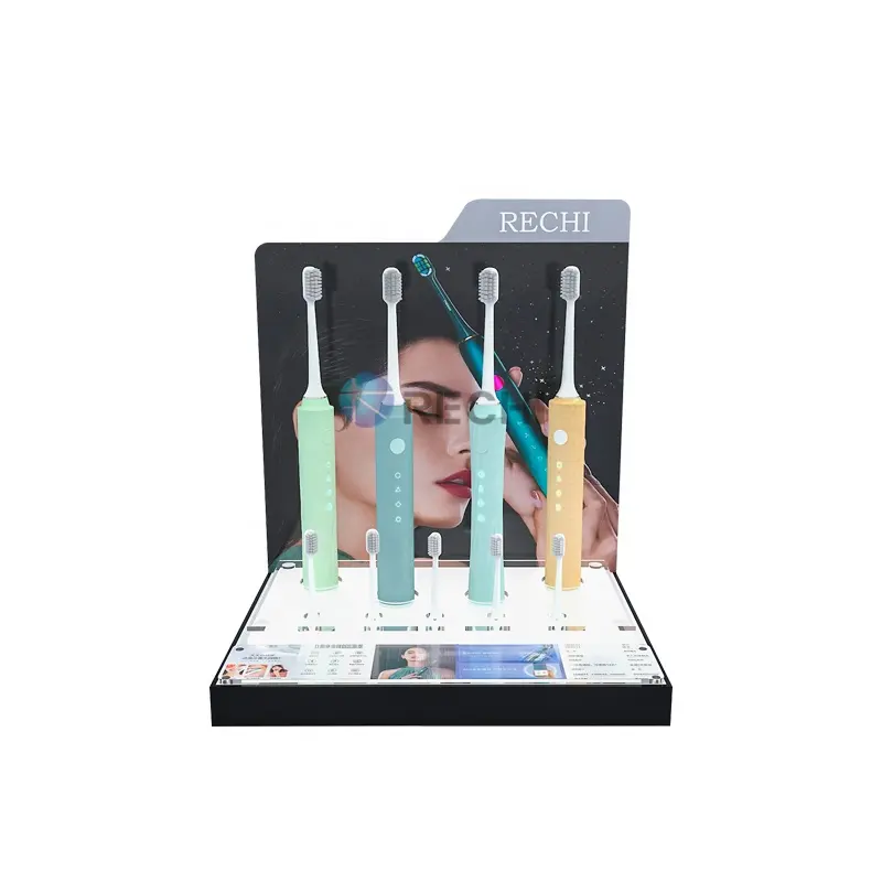 Rechi display de led acrílico personalizado, balcão em forma de l pmma para escova de dentes sônica elétrica com display substituível