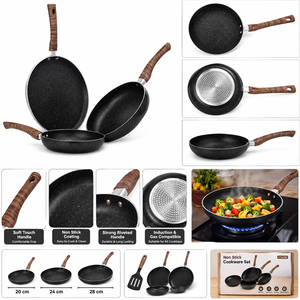 3 <b>Pc</b> Non <b>Stick</b> Fry Pan Set With Wood Handle Ceramic Coating Round Metal Pans For All Stoves Hand Wash Only - Product Image 6