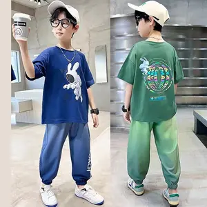 2023 Summer Kids Boys Clothing Sets 10 Years Short Sleeve Astronaut Print T Shirt Top Drawstring Pants 2Pcs Teenager Tracksuits