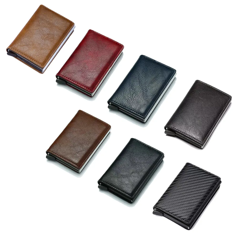 Custom Aluminum Pop Up Wallet Crazy Horse Genuine Leather Metal Wallet Slim RFID Blocking Card Holder Wallet