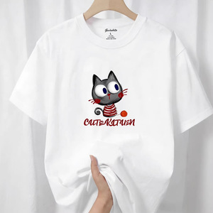 Camiseta blanca con estampado de gato para hombre, camiseta de manga corta 100 de poliéster, transpirable, informal, básica, Q87 - Product Image 4
