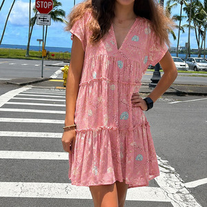 Vestido Hawaiano de Verano con Estampado Playero, Cuello en V Profundo, Manga Acampanada, Multicapa, Personalizado, de Algodón, Informal - Product Image 2