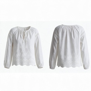 White Embroidered Women Blouse Lace Detail Long Sleeve <b>shirts</b> <b>Boho</b> Style for Daily Wear - Product Image 1