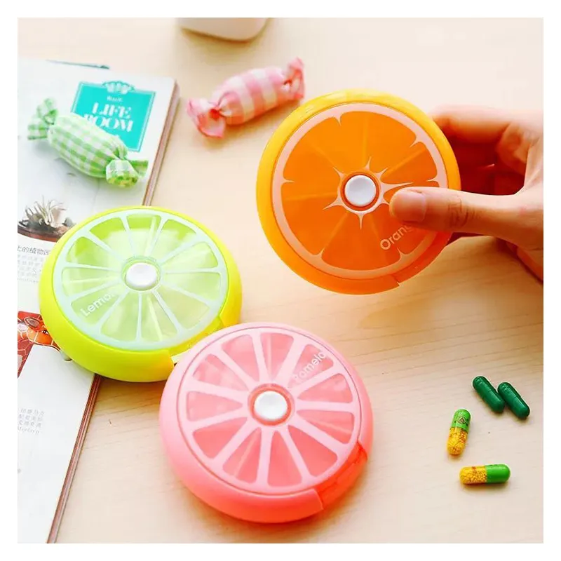 Mini 7day Easy Open Round Shape Medicine Pill Storage Box Push-to-rotate Pill Dispenser Plastic Fruits Style Pill Box 7 Days