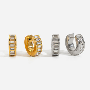 Diamond <b>Earrings</b> 18K Gold Stainless Steel Baguette Cut 15mm Unisex Everyday Wear - Product Image 1